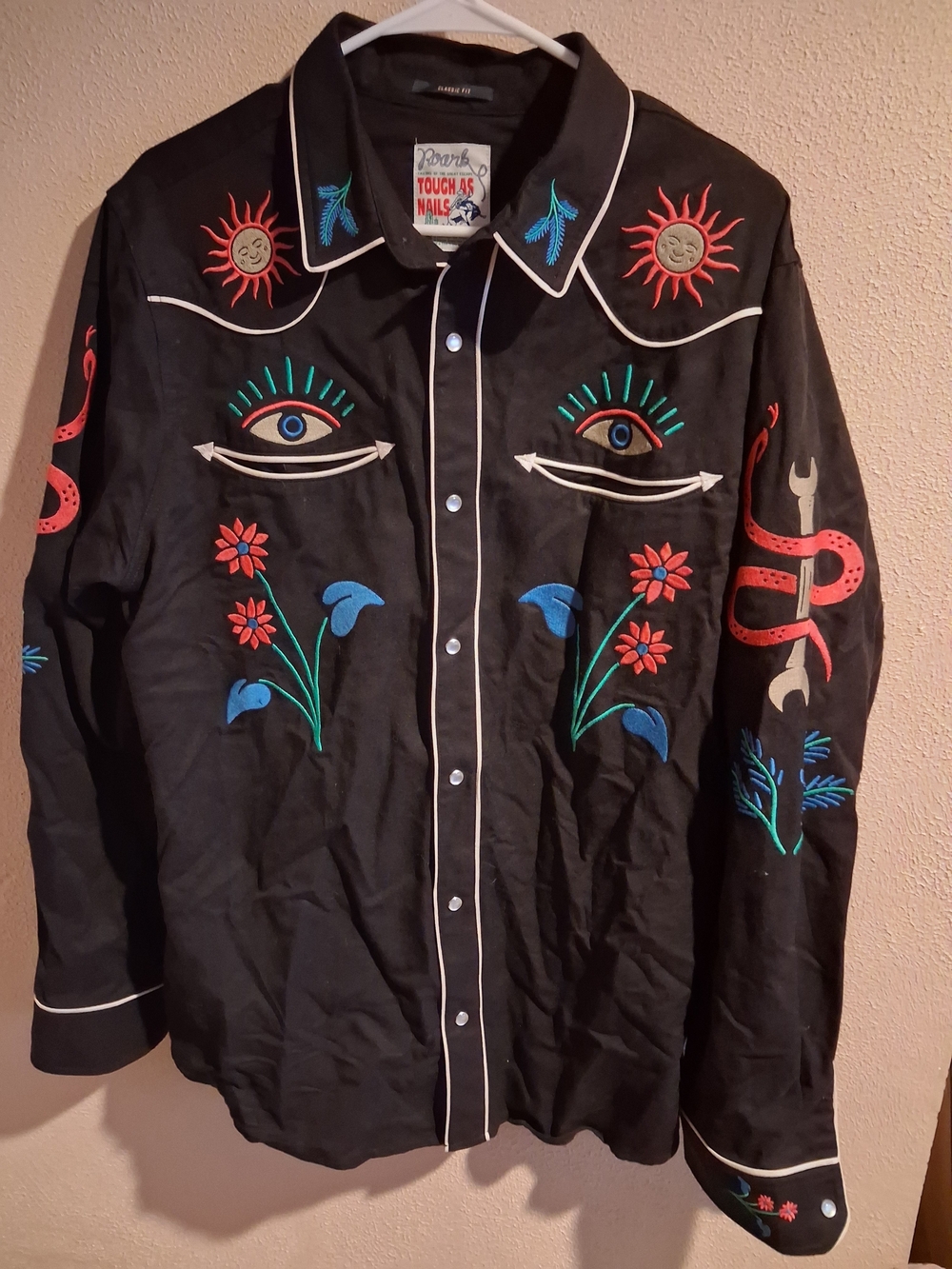 Roark Embroidered Black Western ShColorful Floral & Eye Motif L - Picture 3 of 8